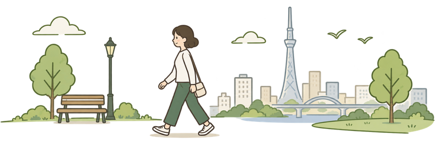 街路樹とベンチのある道を人が歩いているイラスト